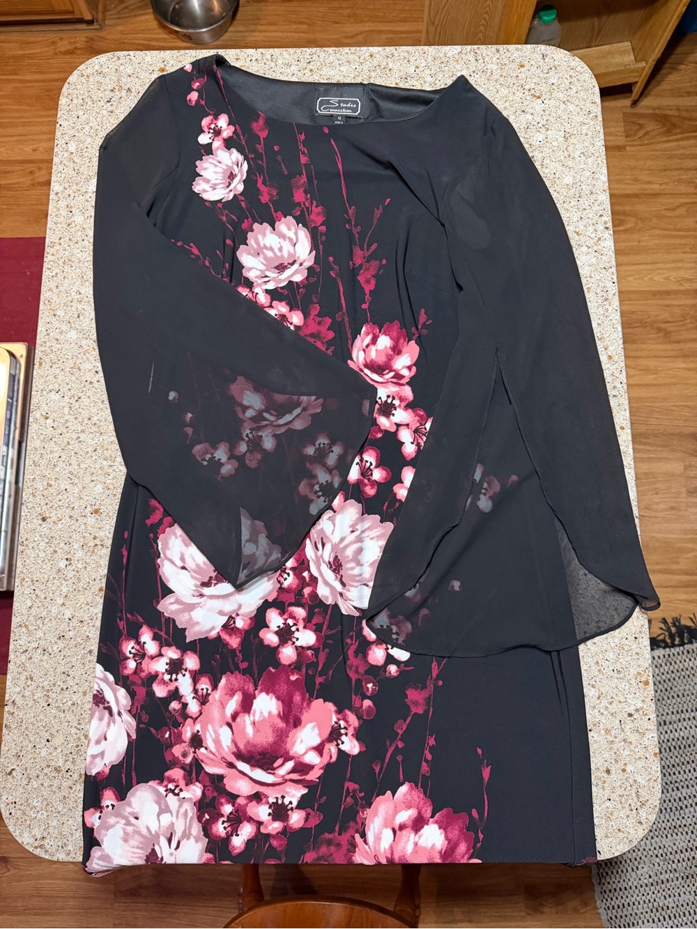 Black Floral Long-Sleeve Chiffon Overlay Dress - Pink Blooms